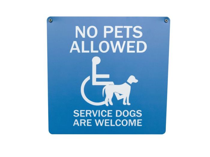 sign reads "no pets allowed. service dogs welcome."